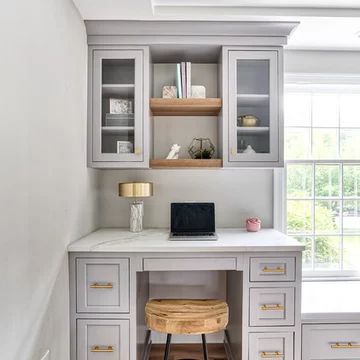 Kitchen Office Nook, Built In Desk And Shelves, Kitchen Desk Areas, Transitional Home Office, Kitchen Work Station, Desk Nook, Ikea Desk Hack, Glass Cabinets, Kitchen Desks