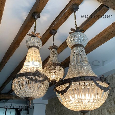 French Vintage Antique Basket Crystal Garland Chandelier Conical Antique Glass Chandelier, French Antique Chandelier, Glass Pendant Chandelier, French Country Light Fixtures, Chandelier Diy Crystal, Chandeliers For Bedroom, Garland Chandelier, Antique Crystal Chandelier, French Empire Chandelier