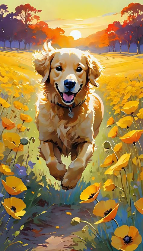 Gouache Animals Illustrations, Golden Retriever Art Drawing, Golden Retriever Drawing, Golden Retriever Painting, Golden Retriever Art, Beautiful Dog, Dog Illustration, Beginner Painting, Arte Fantasy