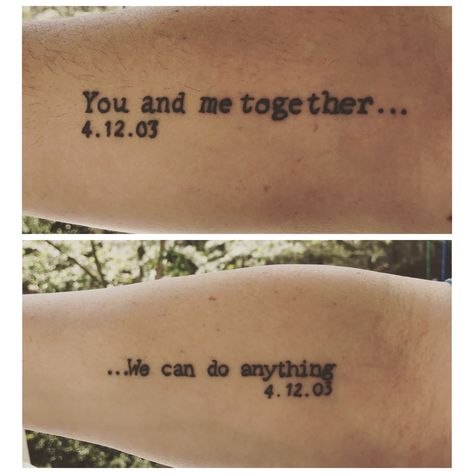 Couples anniversary tattoos - inspired by Dave Matthews Band - You and Me Couples Lyric Tattoos, Dave Matthews Band Tattoos Ideas, Dave Matthews Tattoo Ideas, Dave Mathews Tattoo, Couples Anniversary Tattoos, Dave Matthews Band Tattoos, Dave Matthews Tattoo, Dmb Tattoo, Anniversary Tattoos