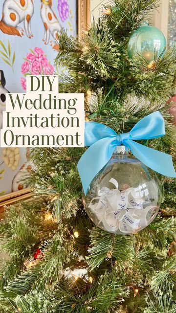 Stylin Brunette Kristel Powell on Instagram: "Easy DIY using your wedding invitation! This is our first year as a married couple, and I though this would be a sweet memory to add to our Christmas tree. You can do this with any special announcement or invitation. I bought the big ornament from the Dollar Tree for $1.25! Let me know if you have done this before! #christmasdiy #easydiy #weddingdiy #weddinginvitations #weddingornaments #ornamentdiy #dollartreediy #dollartreediys" Our First Christmas Ornament Diy, First Christmas Married Ornament Diy, Wedding Invitation Ornament, Wedding Christmas Ornaments, Our First Christmas Ornament, Ornament Diy, Married Ornament, First Christmas Married, Wedding Ornament