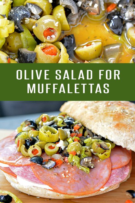 Want a taste of Mardi Gras? Whip up a batch of this Olive Salad for an authentic Muffaletta Sandwich experience! Or serve it solo on your charcuterie platter. The muffaletta recipe and olive salad recipe are post at FoodieandWine.com. #olives #oliverecipes #saladrecipes #sandwichrecipes #neworleansrecipes #lunchrecipes #fattuesday #fattuesdayrecipes #mardigras #mardigrasrecipes #holidayrecipes #holiday Olive Salad For Muffaletta, Muffaletta Recipe, Muffuletta Recipe, Olive Salad Recipe, Muffaletta Sandwich, Muffuletta Sandwich, New Orleans Recipes, Olive Salad, Olive Recipes