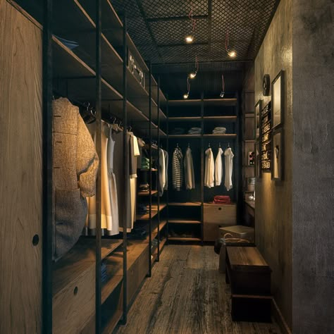 Modern Industrial Closet, Industrial Style Dressing Room, Aesthetic Industrial Bedroom, Industrial Black Bedroom, Industrial Closet Design, Industrial Loft Design Bedroom, Industrial Bedroom Moodboard, Industrial Style Closet, Industrial Cozy Bedroom