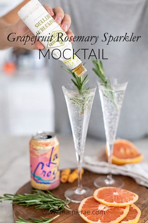 Grapefruit Rosemary Sparkler recipe is an easy, 3-ingredient Mocktail recipe. It's cool and refreshing, perfect for spring or summer bridal showers or baby showers. | Marnie Rae || #drinkrecipes #bridalshowerrecipes #babyshowerrecipes #grapefruit Mocktail Party, Grapefruit Bitters, Grapefruit Peel, Easy Mocktail Recipes, Mocktail Drinks, Alcohol Free Drinks, Wedding Drinks, Mocktail Recipes, Non Alcoholic Cocktails