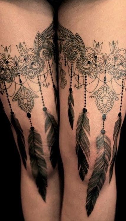 15 Exquisite Lace Garter Tattoos | Tattoodo Whole Leg Tattoo, Tattoo For Women Leg, Leg Henna Thigh, Lace Garter Tattoos, Garter Tattoos, Henna Leg, Thigh Garter Tattoo, Back Of Thigh Tattoo, Thigh Henna