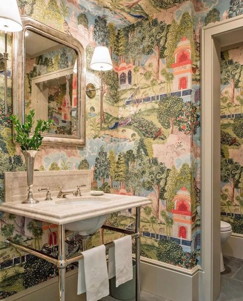 Peacock Garden, Glam Pad, Scenic Wallpaper, Powder Room Design, Garden Wallpaper, Powder Rooms, Bathroom Wallpaper, Wallpaper Wall, Beautiful Bathrooms