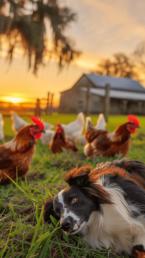 Enjoy the heartwarming sight of chickens and a playful Border Collie interacting in a picturesque farmyard. This delightful scene captures the essence of farm life and the strong bonds between animals. #FarmPlaytime #ChickensAndDog #BorderCollie #FarmLife #CountrysideJoy #RuralBliss #AnimalBonds Chicken Farm Aesthetic, Farm Chickens, Action Board, Country Things, Farm Living, Farm Eggs, Cute Chickens, Chicken Art, Big House