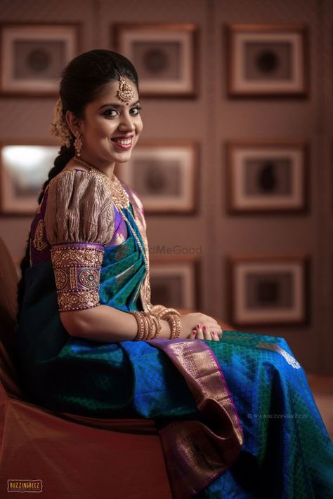 Photo of Blouse with puff sleeves. Royal Blue Saree, Saree Images, Blue Blouse Designs, Wedding Saree Blouse Designs, Cutwork Blouse Designs, Blouse Back Neck Designs, Wedding Blouse Designs, New Blouse Designs, Sari Blouse Designs