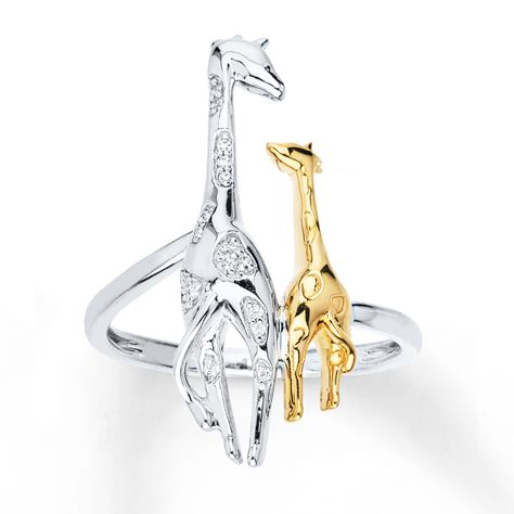 This adorable animal family ring for her features a mother giraffe styled in sterling silver and a baby giraffe crafted in 10K yellow gold. Diamonds totaling 1/20 carat decorate the ring to complete the look. Diamond Total Carat Weight may range from .04 - .06 carats. Giraffe Ring, Giraffe Crafts, Giraffe Jewelry, Jewelry Questions, Family Ring, Animal Family, Family Rings, Jewelry Advice, Baby Giraffe