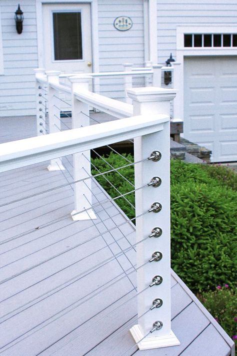 simple white posts and horizontal cable railing for a beachside cottage Cable Railing Deck, Deck Railing Ideas, Patio Railing, Deck Railing Design, Railing Ideas, Building A Porch, Railings Outdoor, Wooden Deck, Deck Designs