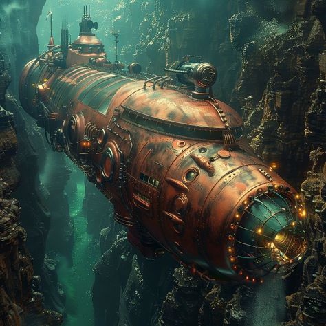 Travel fantasy: steampunk submarine - Gameover art Steampunk Submarine Art, Steampunk Submarine Concept Art, Submarine Concept Art, Fantasy Submarine, Submarine Aesthetic, Ocean Steampunk, Futuristic Submarine, Personal Submarine, Steampunk Spaceship