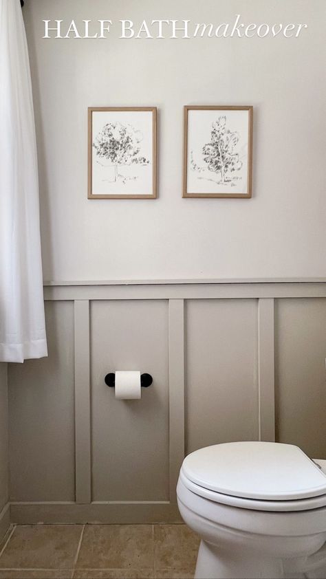 HALF BATH MAKEOVER REVEAL! Can you belive this before and after? We gifted my in-laws a makeover of their half bath for christmas and… | Instagram Half Batten Wall, Sage Green Bathroom Board And Batten, Bathroom Reno Before And After, Bathroom Wall Batten, Batten Bathroom Walls, White Board And Batten Powder Room, Batten Board Half Bath, Half Bath Modern Decor, Batten Board Half Wall