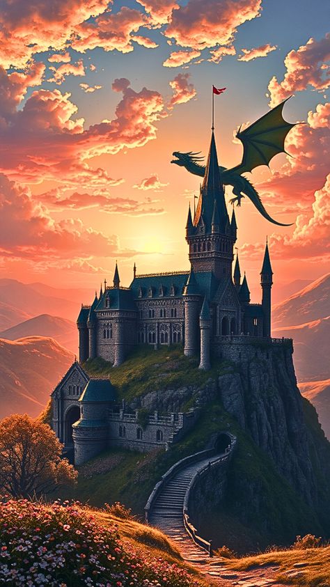 #fantasyart #fantasy #dragon #castle #aesthetic Dragon Tales Aesthetic, Dragon Castle Fantasy Art, Fantasy Landscape Castle, Dragon Fantasy Aesthetic, Princess Castle Aesthetic, Fantasy Castle Wallpaper, Castle With Dragon, Dragon Landscape, Fairytale Wallpaper