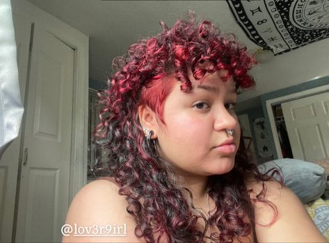 curly hair style, two toned, red and brown, 3b curls, hair inspo, curls 3b Curly Hair Mullet, Dyed Curly Mullet, Red Streaks In Brown Hair Curly, Curly Mullet Black Women, 3b Mullet, Red And Blonde Curly Hair, Red And Black Curly Hair, Red Curly Hair Dyed, Punk Curly Hair