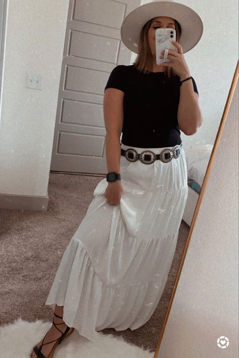 Boho Style | Boho Outfit | Boho Dress | Boho Skirt | Maxi Skirt | White Skirt | White Maxi Skirt | White Tiered Skirt | White Peasant Skirt | Black Tee | Black Lace Up Sandals | Gladiator Sandals | Boho Sandals | White Hat | Wide Brim Hat | Flat Brim Hat | Lack of Color Dupe | Lack of Color Hat Dupe | Western Belt | Black Belt | Black Western Belt | OOTD | ootd fashion | Amazon Finds | Amazon Clothes | Amazon Fashion | The Lifestyled Co Skirt | Forever 21 Belt | Old Navy sandals | Amazon Shirt | White Gauze Skirt Outfit, Black Peasant Skirt Outfit, White Peasant Skirt Outfit, White Boho Skirt Outfit, Boho Dress Outfit Summer, White Maxi Skirt Outfit Summer, Peasant Skirt Outfit, White Tiered Skirt Outfit, White Flowy Skirt Outfit