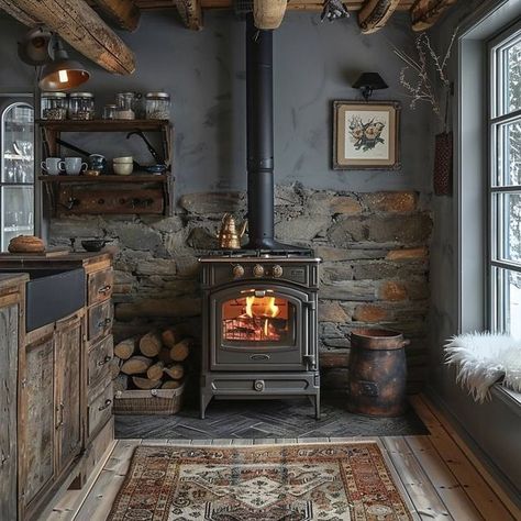 Off Grid Life Off Grid Cabin Interior, Wood Burning Stove Corner, Wood Stove Hearth, Wood Burning Stoves Living Room, Barn Remodel, Timber Frame House, Cottagecore Home, Wood Stove Fireplace, A Frame House Plans