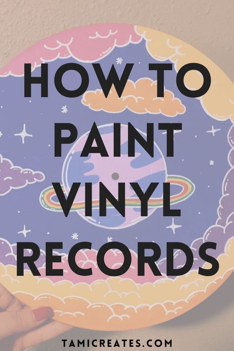 For someone who loves music and art, painted vinyl records is a fun art piece! Here's my method for painting vinyl records. Decorating With Vynil Records, Music Wall Art Ideas Vinyl Records, Paint Vinyl Records Diy, Crafting With Vinyl Records, Vinyl Record Collage Art, How To Paint On Vinyl Records, How To Paint A Record, Art With Vinyl Records, Things To Paint On Vinyl Records