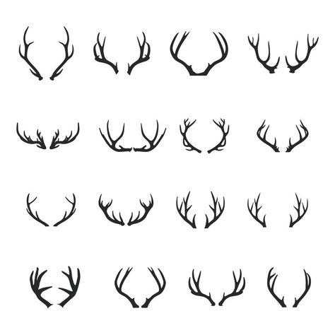 Deer Antlers silhouette set, Deer antlers icon set. Deer Antlers Silhouette, Stag Tattoo Minimalist, Stag Antlers Tattoo, Dear Antlers Drawing, Deer And Moon Tattoo, Deer Antler Outline, Minimal Deer Tattoo, Simple Antler Tattoo, Small Antler Tattoo