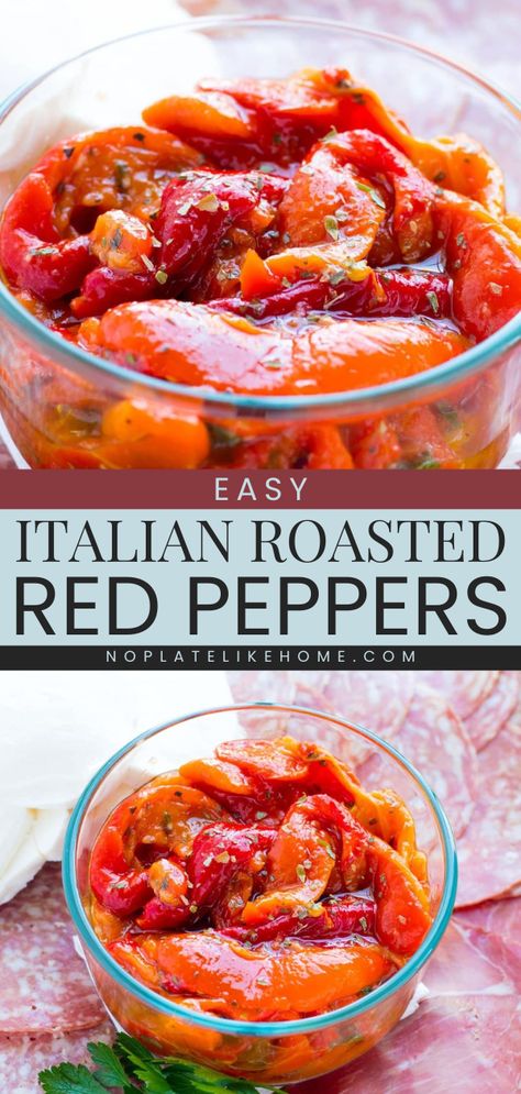 Here's an appetizer for dinner that's gluten-free, vegan, and vegetarian! It's also an easy side dish recipe. With their delicious taste, these Italian Roasted Red Peppers are sure to be a hit. Everyone will love these roasted peppers! Pickled Roasted Red Peppers, Roasted Pepper Recipes, Roasted Red Peppers Recipes, Italian Peppers, Capsicum Recipes, Sweet Pepper Recipes, Red Pepper Recipes, Roasted Capsicum, Pepper Recipes