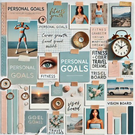 A mood board with a Personal Goals theme, designed to inspire and uplift. Board Members, Board Member, Fit Board Workouts, Career Growth, Personal Goals, Travel Dreams, Fitness Goals, Layout Design, Mood Board