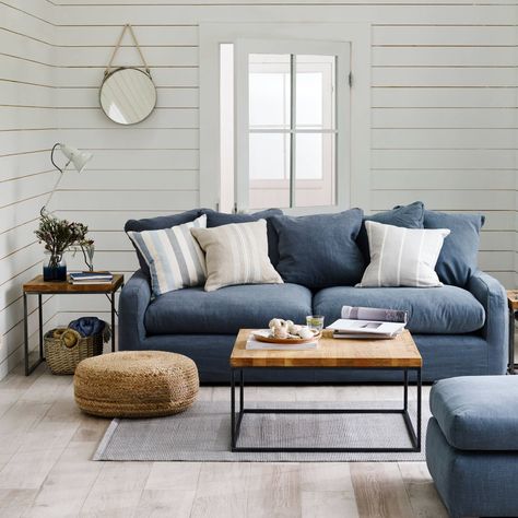 5 Reasons To Put Shiplap Walls In Every Room Coloured Furniture, Blue Sofa Living, Blue Sofas Living Room, Ny Apartment, Beach House Living Room, Blue Living Room Decor, Morning Room, Corner Sofa Set, Tropical Home Decor