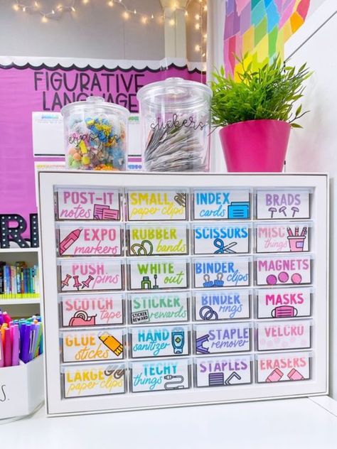 back to school supplies for elementary teacher Teacher Tool Box Organization, Teacher Essentials Supplies, Teacher Tool Box Labels, Small Classroom Setup, Teacher Tool Box, Teacher Toolbox Organizer, Teacher Supplies Organization, Books Organizer, Teaching Decor