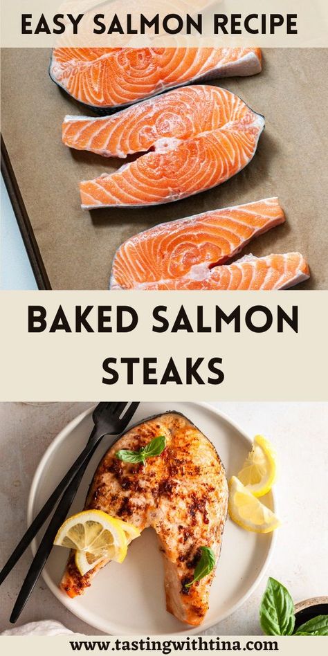 These Easy Baked Salmon Steaks are an easy weeknight meal that's done in just 20 minutes! Steak Salmon Recipes, Salmon Steak Recipes Baked, Salmon Steaks Baked, Salmon Steaks Recipes, Salmon Steaks, Baking Salmon Filets In Oven, Baked Salmon Steaks Recipes Oven, Simple Baked Salmon Recipes Oven, Best Oven Salmon Recipe