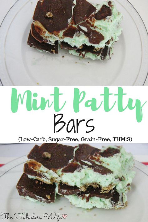 My Mint Patty Bars are such a refreshing treat! A graham-cracker inspired crust followed by a mint mousse filling, topped by a chocolate layer. They're low-carb, sugar-free, grain-free and THM:S! Mint Mousse, Mint Patties, Trim Healthy Mama Dessert, Mousse Filling, Thm Desserts, Low Carb Low Sugar, Best Low Carb Recipes, Low Carb Sweets, Thm Recipes