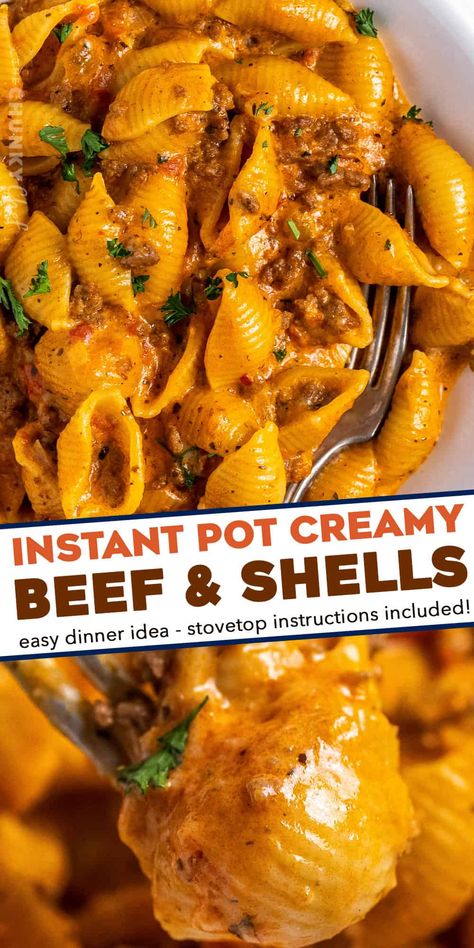 Creamy Beef And Shells, Beef And Shells, Shell Pasta Recipes, Shells Recipe, Beef Pasta, Stuffed Shells Recipe, One Pot Dinner, Yummy Pasta Recipes, Best Comfort Food