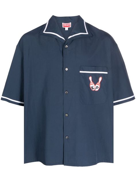 navy blue cotton poplin texture embroidered design striped border spread collar front button fastening drop shoulder short sleeves chest patch pocket Shopping Online Logo, Cotton Poplin Shirt, Bowling Shirts, Men Shirt Style, Short Shirts, Poplin Shirt, Logo Color, Embroidered Design, Luxury Outfits