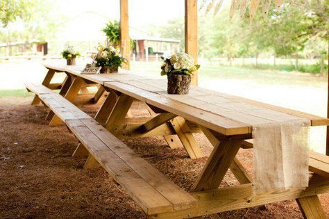 Picnic Tables For Wedding Picnic Table Wedding Ideas, Picnic Shelter Wedding Reception, Picnic Table Wedding, Picnic Table Decor, Outdoor Dance Floors, Table Picnic, Food Bars, Long Tables, Picnic Tables