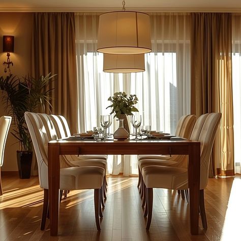 Elegant dining room with wooden table set for dinner, cozy chairs, chic pendant light, and tasteful decorations in warm golden light. Ideal setting for family dinners and formal gatherings. Golden Dining Room, Brown And Gold Dining Room Decor, Gold Dining Room Decor, Elegant Dining Room Decor, Dining Room Decor Elegant, Gold Dining Room, Gold Dining, Dining Room Decor Ideas, Cozy Evening