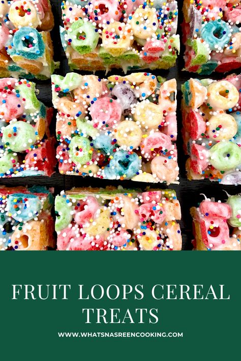 Cereal treat bars are no bake and ready fast. Fruit loops bars topped with sprinkles would be the perfect treat for your next celebration or family gathering. #cereal #snacks #nobakedesserts Fruit Loops Rice Crispy Treats, Fruit Loops Treats, Recipes Using Fruit Loops Cereal, Fruity Pebbles Cereal Bars, Cereal Treat Bars, Rice Crispy Squares, Fruit Loops Cereal, Treat Bar, Cereal Snacks