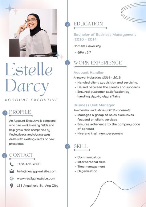 Kickstart your job hunt with our professional Account Executive Resume Template. Crafted by experts, this resume template will help you stand out to employers and show why you're the perfect fit for the job. Stand out from the competition and get hired today! Resume Design For Accountant, Cv Inspiration, Resume Ideas, Sales Executive, Closing Sales, Executive Resume Template, Emoji Drawing, Executive Resume, Account Executive