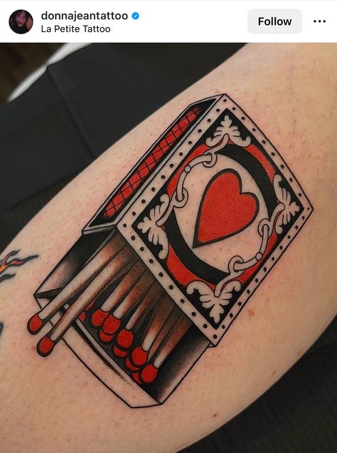 Matchbook Tattoo Design, Traditional Rain Tattoo, Traditional Tattoos For Couples, Traditional Typewriter Tattoo, Patrick Nagel Tattoo, The Gambler Tattoo, Tattoo Gap Filler Ideas American Traditional, Traditional Matchbox Tattoo, American Traditional Matchbox Tattoo