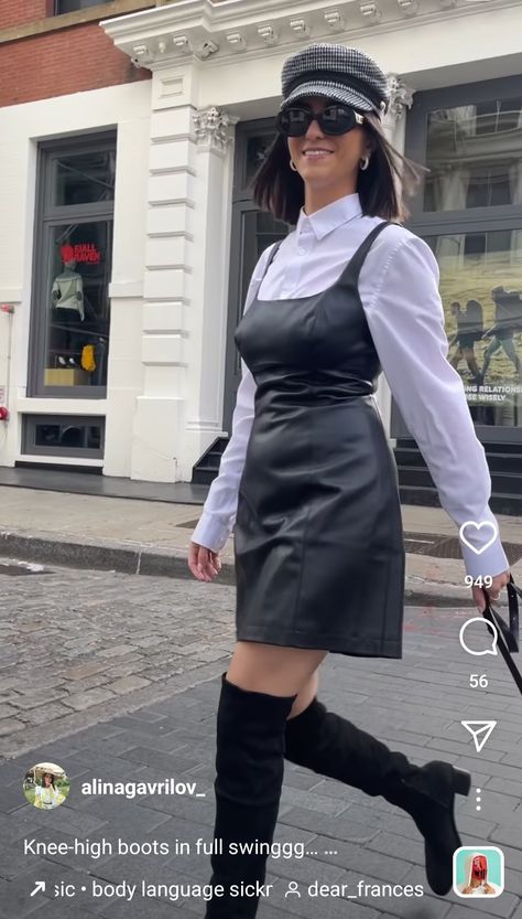 Collar Shirt Under Dress, Black Dress Shirt Underneath, Faux Leather Jumper Dress, Red Dress With White Shirt Under, White Leather Dress Outfit, Black Dress White Shirt Under, Black Dress With White Shirt Underneath, Black Dress And White Shirt, Dress Over White Shirt