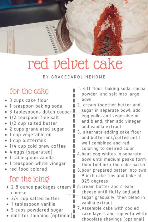 this is my rich red velvet cake recipe and it's rich, tangy, moist, sweet, and delicious! it is pretty easy to bake and assemble, however, there are a lot of steps and the prep time takes a bit longer than your typical cake, but the results are worth it! 9 X 13 Red Velvet Cake, Cake Recipes Red Velvet, Homemade Red Velvet Cake Recipe, Moist Red Velvet Cake Recipe, Red Velvet Cake Icing, Red Velvet Cake Recipe From Scratch, Red Velvet Cake Ingredients, Best Red Velvet Cake Recipe, Cake Ingredients List