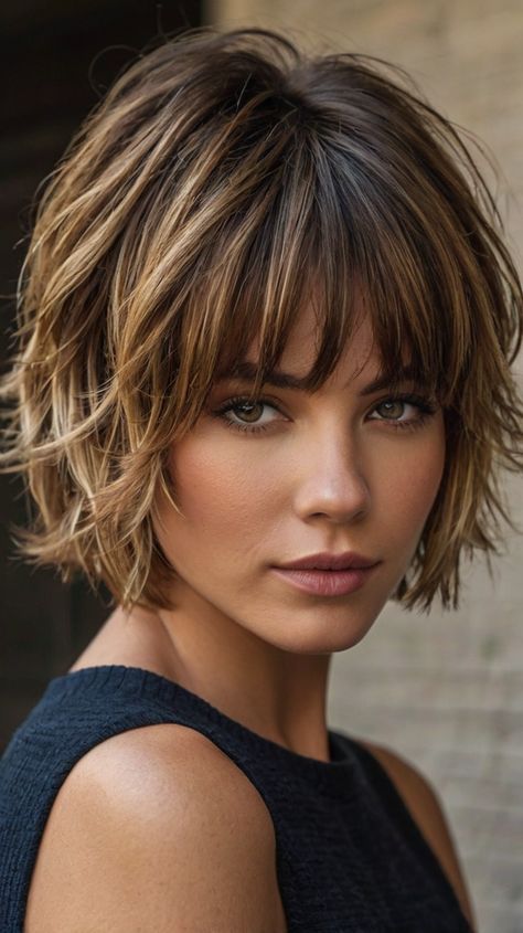 Sleek Short Layered Haircuts Ideas for Shaggy Layered Bob ✨ Shaggy Bob Hairstyles For Round Faces, Medium Pixie With Bangs, Shaggy Bob Hairstyles For Fine Hair, Chin Length Hair With Layers Over 50, Short Hair For 50 Year Old Women, Layered Cuts For Fine Hair, Trending Haircuts For Women 2024, Styling Short Hair With Bangs, Short Shag Hairstyle Women