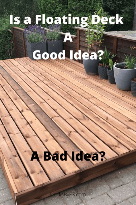 Floating Deck Backyard Ideas, Diy Platform Deck Ground Level, Platform Decks Backyard Ground Level, Outside Platform Deck, Patio Floating Deck, Front Floating Deck, Backyard Landscaping With Rocks Design, Ground Level Porch Landscaping, Outdoor Wood Platform