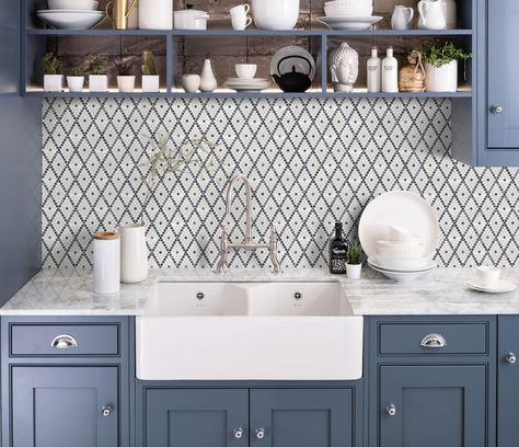 Tangier Designer Diamond Mosaic - Unique Design Solutions Arabesque Tile Backsplash, Patterned Wall Tiles, Exterior Tiles, Mosaic Tile Designs, Arabesque Tile, Bathroom Shower Walls, Ceramic Lantern, Blue Kitchen Cabinets, Emser Tile