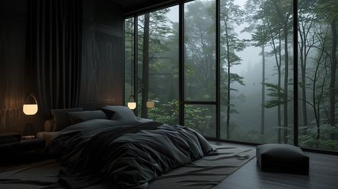 Modern Luxury Bedroom Dark, Forest House Aesthetic, Dark Modern Interior, Dark House Aesthetic, Dark Modern Bedroom, Dark Apartment, Dark Bedroom Aesthetic, Modern Mountain House, Dark Modern