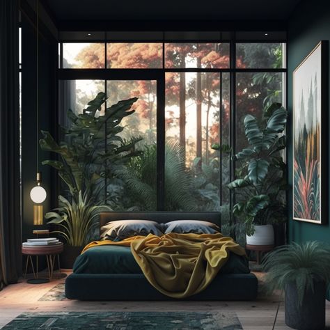 Dark Mid Century Modern, Moody Mid Century Modern, Witchy Bedroom, Tattoo Modern, Jungle Bedroom, Jungle House, Tropical Bedrooms, Zen Bedroom, Mid Century Modern Bedroom