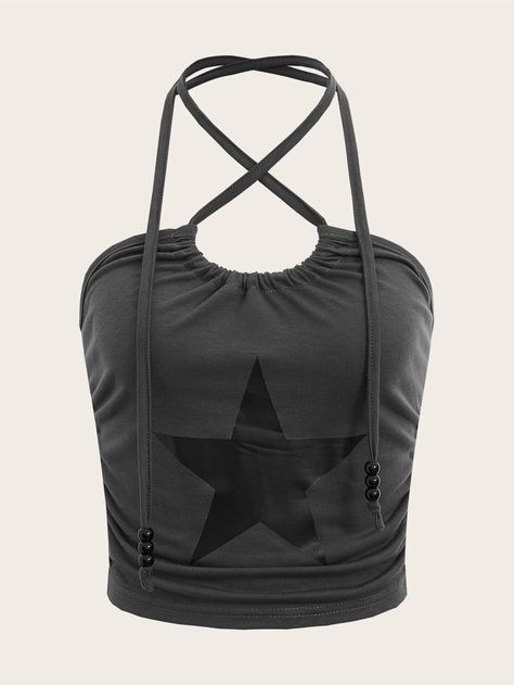 ROMWE STPL Star Print Criss Cross Halter Top | SHEIN USA Cross Halter Top, Criss Cross Halter Top, Trendy Tank Tops, Catty Noir, Womens Halter Tops, High Fashion Outfits, Lace Cami Top, Women Tank Tops, Halter Tops