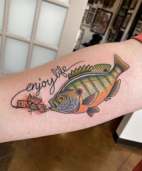 Bass Fishing Tattoo For Men, Crappie Fish Tattoo, Crappie Tattoo, Bluegill Tattoo, Bass Tattoo Fish, Fish Tattoos For Women, Bass Fish Tattoo, Fishing Pole Tattoo, Fishing Lure Tattoo