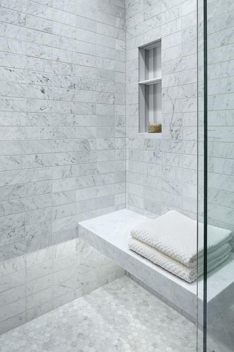 Carrera Marble Floating Shower Bench with Custom Lighting, Transitional, Bathroom Floating Shower Bench, White Marble Shower, Marble Shower Tile, Small Shower Remodel, Walk In Shower Designs, Marble Showers, Master Shower, Carrera Marble, Shower Seat