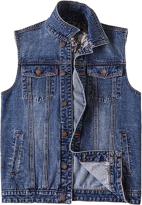 PRIJOUHE Men's Denim Vest Jean Vest Black Denim Motorcycle Black Blue Biker Plus Size Sleeveless at Amazon Men’s Clothing store Jean Vest Outfits, Denim Vest Men, Man Wear, Wool Waistcoat, Jean Jacket Vest, Motorcycle Black, Denim Vests, Jean Vest, Denim Jeans Men