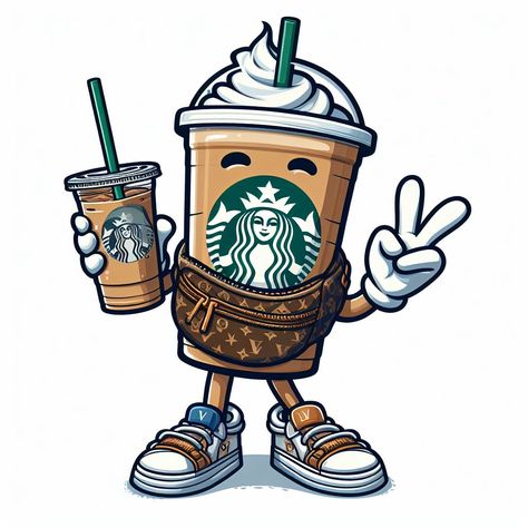 Starbucks Cartoon Wallpaper, Starbucks Cartoon, Starbucks Digital Art, Coffee Cup Character, Starbucks Coffee Sticker, Coffee Character, Starbucks Art, Text Logo Design, Sublimation Ideas Projects Inspiration