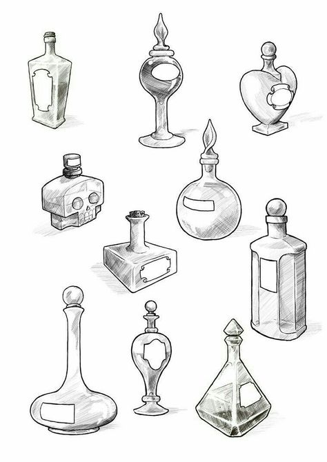 Drawing Items Art, Anime Items Drawing, Glass Bottles Drawing, Vials Drawing, Vial Drawing, Glass Bottle Tattoo, Witch Art Aesthetic, Vial Tattoo, Glass Bottle Drawing