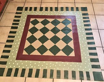 Floorcloth / French Country /  4'x4' / Harlequin/  READY TO SHIP Painted Porch Floors, Painted Floor Cloths, Historic Kitchen, Painted Wood Floors, Painting Tile Floors, Green Diamonds, Floor Cloths, Vinyl Rug, Painted Floor