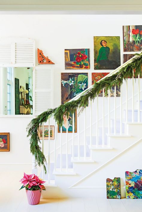 House Tour: A Colorful Cottage Christmas - Cottage style decorating, renovating and entertaining Ideas for indoors and out Alison Kandler, Winter Christmas Decorations, Indoor Outdoor Fireplace, Fireplace Winter, Norfolk Pine Garland, Outdoor Christmas Garland, Garland For Mantle, Cedar Garland, Indoor Outdoor Fireplaces